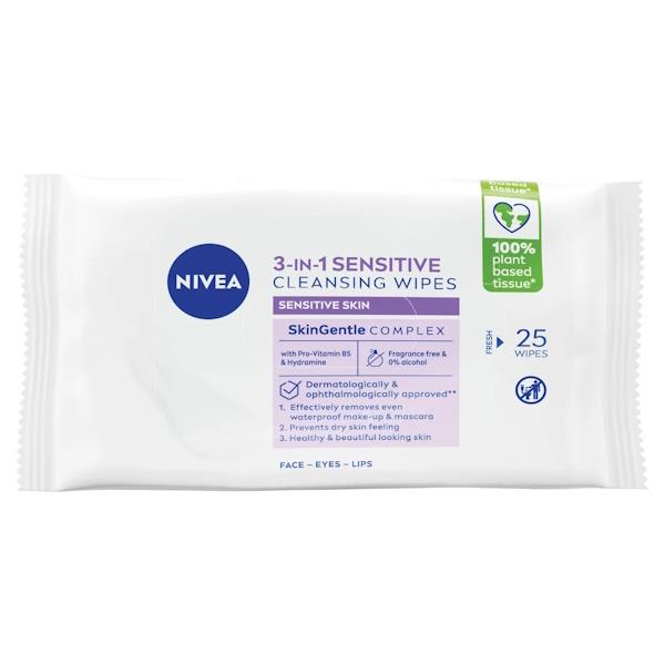 Nivea 3in1 Sensitive Cleansing Wipes 25 Wipes (Case of 6)