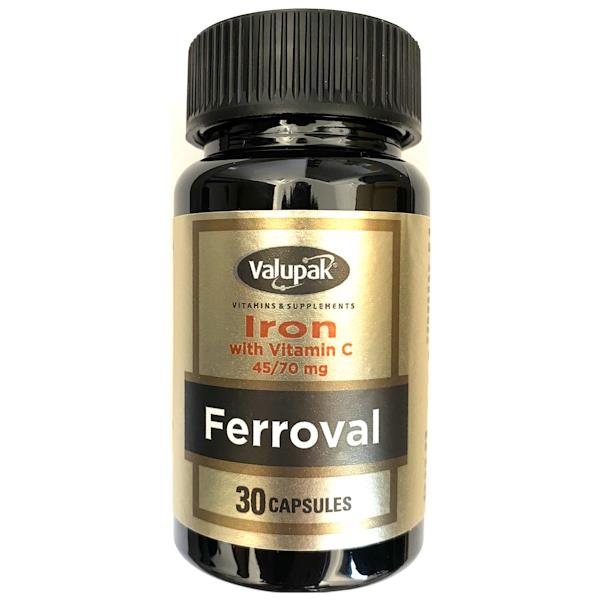 (LT) Valupak Ferroval Iron 45mg with Vitamin C 70mg 30 Capsules (Case of 6)