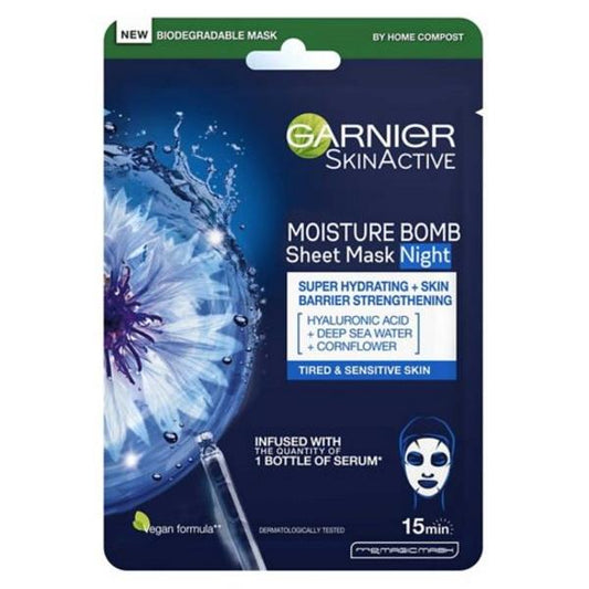 (LT) Garnier Skin Active Moisture Bomb Sheet Mask Night Hyaluronic Acid + Cornflower (Case of 20)