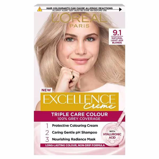 (LT) L'Oreal Excellence Creme Triple Care Colour 9.1 Natural Light Ash Blonde (3 PACKS)